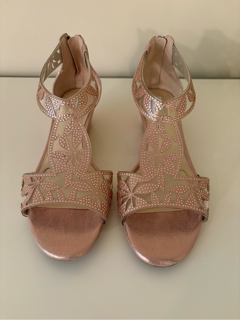 Barely Worn Alex Marie Rose Gold T-Strap Heeled Sandals